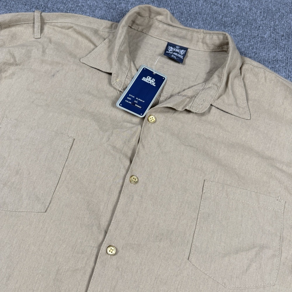 Old Skool Shirt Men 3XL Beige Tan Linen Safari Short Sleeve Button Up Y2K NEW